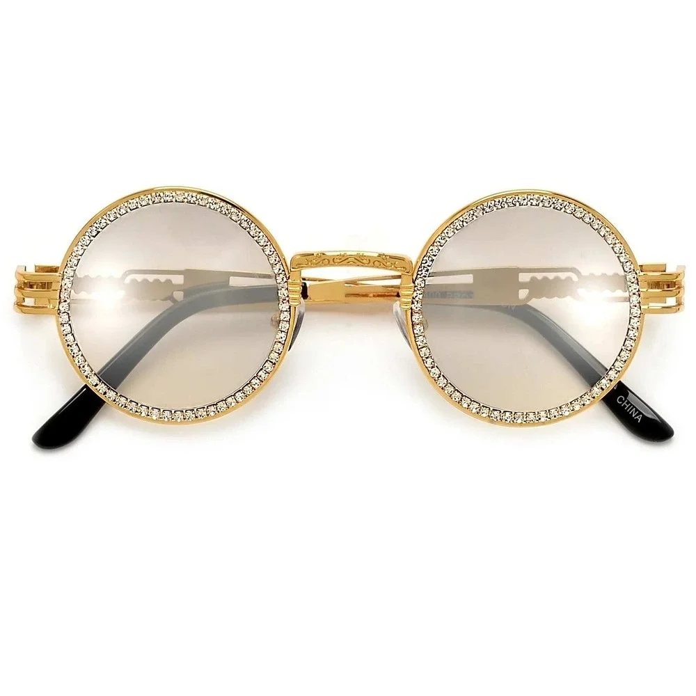 Rhinestone Sunglasses Round Frame Gold Metal Frame Men's Fashion Street Wear New